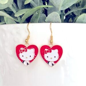 New Hello Kitty Pastel Pink Dangling Heart Love Earrings Cat Cartoon Animal Cute